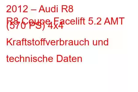 2012 – Audi R8
R8 Coupe Facelift 5.2 AMT (570 PS) 4x4 Kraftstoffverbrauch und technische Daten