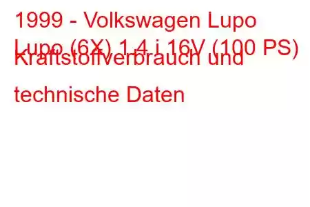 1999 - Volkswagen Lupo
Lupo (6X) 1.4 i 16V (100 PS) Kraftstoffverbrauch und technische Daten