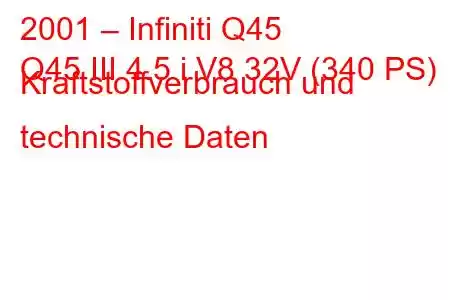 2001 – Infiniti Q45
Q45 III 4.5 i V8 32V (340 PS) Kraftstoffverbrauch und technische Daten