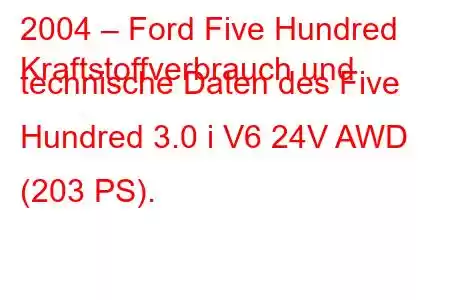 2004 – Ford Five Hundred
Kraftstoffverbrauch und technische Daten des Five Hundred 3.0 i V6 24V AWD (203 PS).