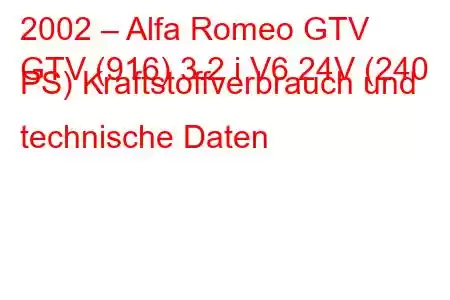 2002 – Alfa Romeo GTV
GTV (916) 3.2 i V6 24V (240 PS) Kraftstoffverbrauch und technische Daten