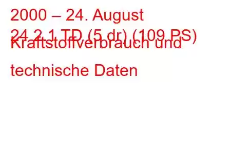 2000 – 24. August
24 2.1 TD (5 dr) (109 PS) Kraftstoffverbrauch und technische Daten