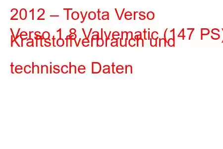 2012 – Toyota Verso
Verso 1.8 Valvematic (147 PS) Kraftstoffverbrauch und technische Daten