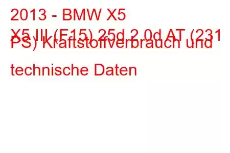 2013 - BMW X5
X5 III (F15) 25d 2.0d AT (231 PS) Kraftstoffverbrauch und technische Daten