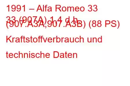 1991 – Alfa Romeo 33
33 (907A) 1,4 d.h. (907.A3A,907.A3B) (88 PS) Kraftstoffverbrauch und technische Daten