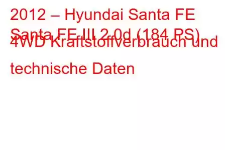 2012 – Hyundai Santa FE
Santa FE III 2.0d (184 PS) 4WD Kraftstoffverbrauch und technische Daten