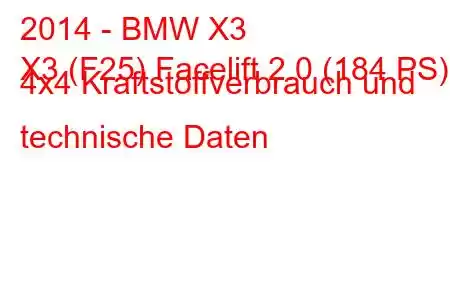 2014 - BMW X3
X3 (F25) Facelift 2.0 (184 PS) 4x4 Kraftstoffverbrauch und technische Daten