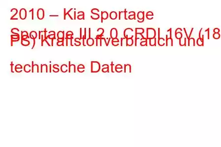 2010 – Kia Sportage
Sportage III 2.0 CRDI 16V (184 PS) Kraftstoffverbrauch und technische Daten