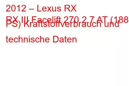 2012 – Lexus RX
RX III Facelift 270 2.7 AT (188 PS) Kraftstoffverbrauch und technische Daten