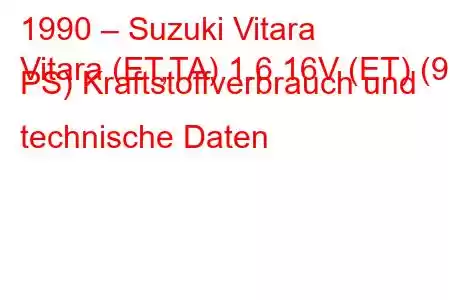 1990 – Suzuki Vitara
Vitara (ET,TA) 1.6 16V (ET) (97 PS) Kraftstoffverbrauch und technische Daten