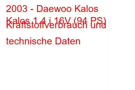 2003 - Daewoo Kalos
Kalos 1.4 i 16V (94 PS) Kraftstoffverbrauch und technische Daten