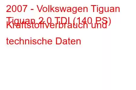 2007 - Volkswagen Tiguan
Tiguan 2.0 TDI (140 PS) Kraftstoffverbrauch und technische Daten