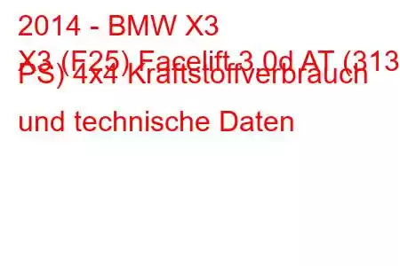 2014 - BMW X3
X3 (F25) Facelift 3.0d AT (313 PS) 4x4 Kraftstoffverbrauch und technische Daten