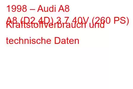 1998 – Audi A8
A8 (D2,4D) 3.7 40V (260 PS) Kraftstoffverbrauch und technische Daten