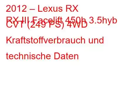 2012 – Lexus RX
RX III Facelift 450h 3.5hyb CVT (249 PS) 4WD Kraftstoffverbrauch und technische Daten