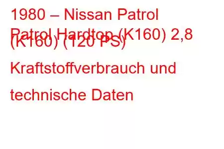 1980 – Nissan Patrol
Patrol Hardtop (K160) 2,8 (K160) (120 PS) Kraftstoffverbrauch und technische Daten