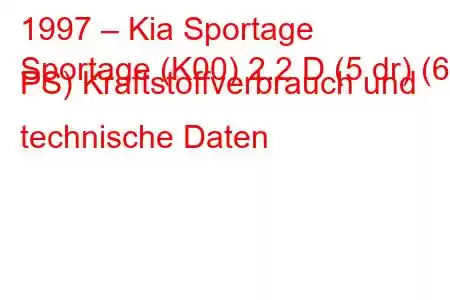 1997 – Kia Sportage
Sportage (K00) 2.2 D (5 dr) (63 PS) Kraftstoffverbrauch und technische Daten