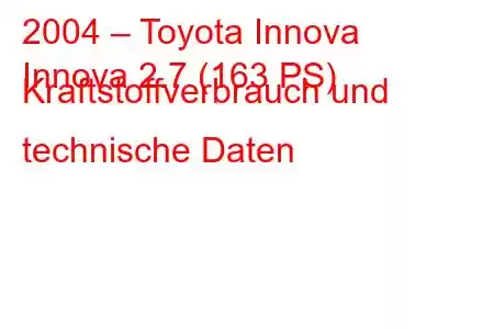 2004 – Toyota Innova
Innova 2.7 (163 PS) Kraftstoffverbrauch und technische Daten