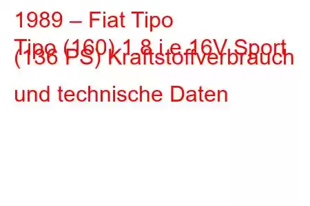 1989 – Fiat Tipo
Tipo (160) 1.8 i.e.16V Sport (136 PS) Kraftstoffverbrauch und technische Daten