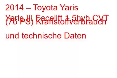 2014 – Toyota Yaris
Yaris III Facelift 1.5hyb CVT (76 PS) Kraftstoffverbrauch und technische Daten