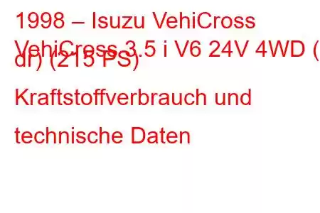 1998 – Isuzu VehiCross
VehiCross 3.5 i V6 24V 4WD (3 dr) (215 PS) Kraftstoffverbrauch und technische Daten