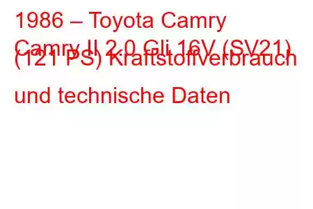 1986 – Toyota Camry
Camry II 2.0 Gli 16V (SV21) (121 PS) Kraftstoffverbrauch und technische Daten