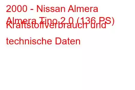 2000 - Nissan Almera
Almera Tino 2.0 (136 PS) Kraftstoffverbrauch und technische Daten