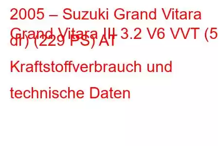 2005 – Suzuki Grand Vitara
Grand Vitara III 3.2 V6 VVT (5 dr) (229 PS) AT Kraftstoffverbrauch und technische Daten