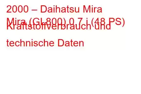 2000 – Daihatsu Mira
Mira (GL800) 0,7 i (48 PS) Kraftstoffverbrauch und technische Daten