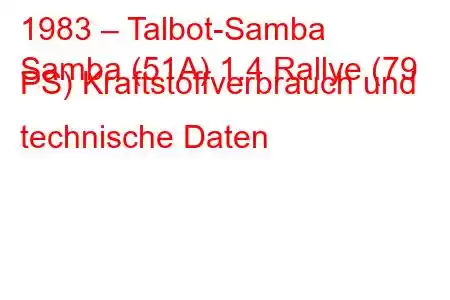 1983 – Talbot-Samba
Samba (51A) 1.4 Rallye (79 PS) Kraftstoffverbrauch und technische Daten