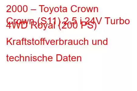 2000 – Toyota Crown
Crown (S11) 2.5 i 24V Turbo 4WD Royal (200 PS) Kraftstoffverbrauch und technische Daten