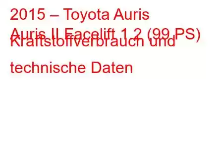 2015 – Toyota Auris
Auris II Facelift 1.2 (99 PS) Kraftstoffverbrauch und technische Daten