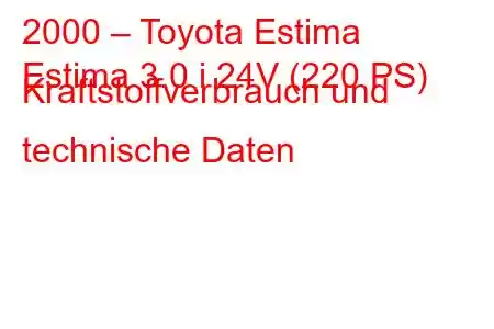 2000 – Toyota Estima
Estima 3.0 i 24V (220 PS) Kraftstoffverbrauch und technische Daten