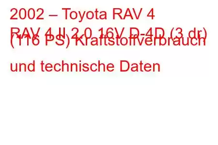 2002 – Toyota RAV 4
RAV 4 II 2.0 16V D-4D (3 dr) (116 PS) Kraftstoffverbrauch und technische Daten