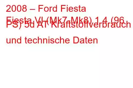 2008 – Ford Fiesta
Fiesta VI (Mk7-Mk8) 1.4 (96 PS) 5d AT Kraftstoffverbrauch und technische Daten