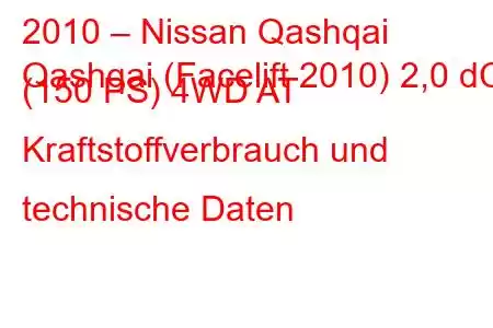 2010 – Nissan Qashqai
Qashqai (Facelift 2010) 2,0 dCi (150 PS) 4WD AT Kraftstoffverbrauch und technische Daten