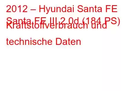 2012 – Hyundai Santa FE
Santa FE III 2.0d (184 PS) Kraftstoffverbrauch und technische Daten