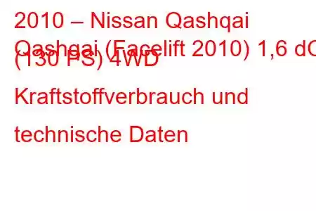 2010 – Nissan Qashqai
Qashqai (Facelift 2010) 1,6 dCi (130 PS) 4WD Kraftstoffverbrauch und technische Daten