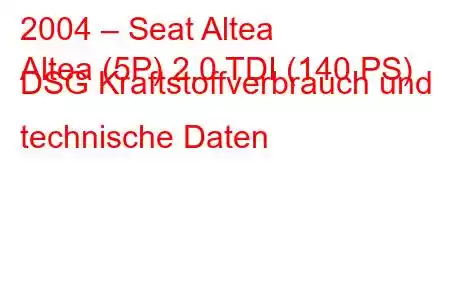 2004 – Seat Altea
Altea (5P) 2.0 TDI (140 PS) DSG Kraftstoffverbrauch und technische Daten