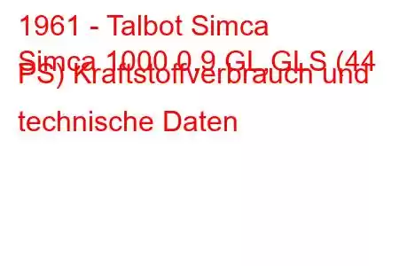 1961 - Talbot Simca
Simca 1000 0,9 GL,GLS (44 PS) Kraftstoffverbrauch und technische Daten