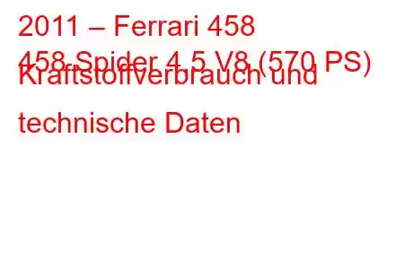 2011 – Ferrari 458
458 Spider 4,5 V8 (570 PS) Kraftstoffverbrauch und technische Daten