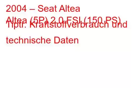 2004 – Seat Altea
Altea (5P) 2.0 FSI (150 PS) Tiptr. Kraftstoffverbrauch und technische Daten