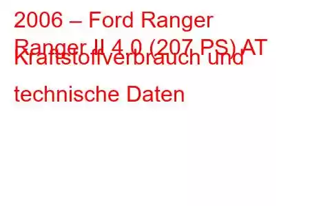 2006 – Ford Ranger
Ranger II 4.0 (207 PS) AT Kraftstoffverbrauch und technische Daten