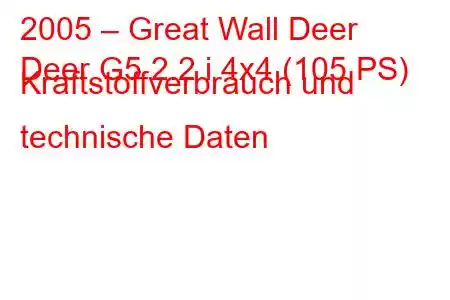 2005 – Great Wall Deer
Deer G5 2.2 i 4x4 (105 PS) Kraftstoffverbrauch und technische Daten