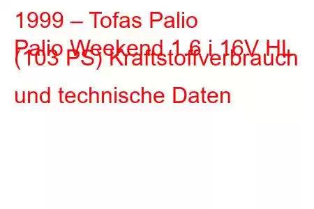 1999 – Tofas Palio
Palio Weekend 1.6 i 16V HL (103 PS) Kraftstoffverbrauch und technische Daten