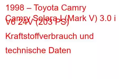 1998 – Toyota Camry
Camry Solara I (Mark V) 3.0 i V6 24V (203 PS) Kraftstoffverbrauch und technische Daten