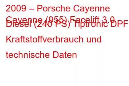 2009 – Porsche Cayenne
Cayenne (955) Facelift 3.0 Diesel (240 PS) Tiptronic DPF Kraftstoffverbrauch und technische Daten