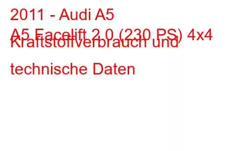 2011 - Audi A5
A5 Facelift 2.0 (230 PS) 4x4 Kraftstoffverbrauch und technische Daten