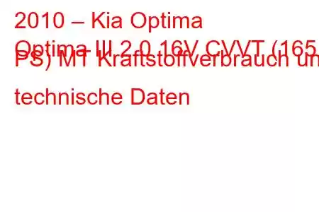 2010 – Kia Optima
Optima III 2.0 16V CVVT (165 PS) MT Kraftstoffverbrauch und technische Daten