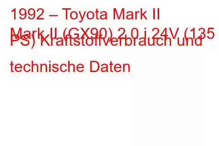 1992 – Toyota Mark II
Mark II (GX90) 2.0 i 24V (135 PS) Kraftstoffverbrauch und technische Daten